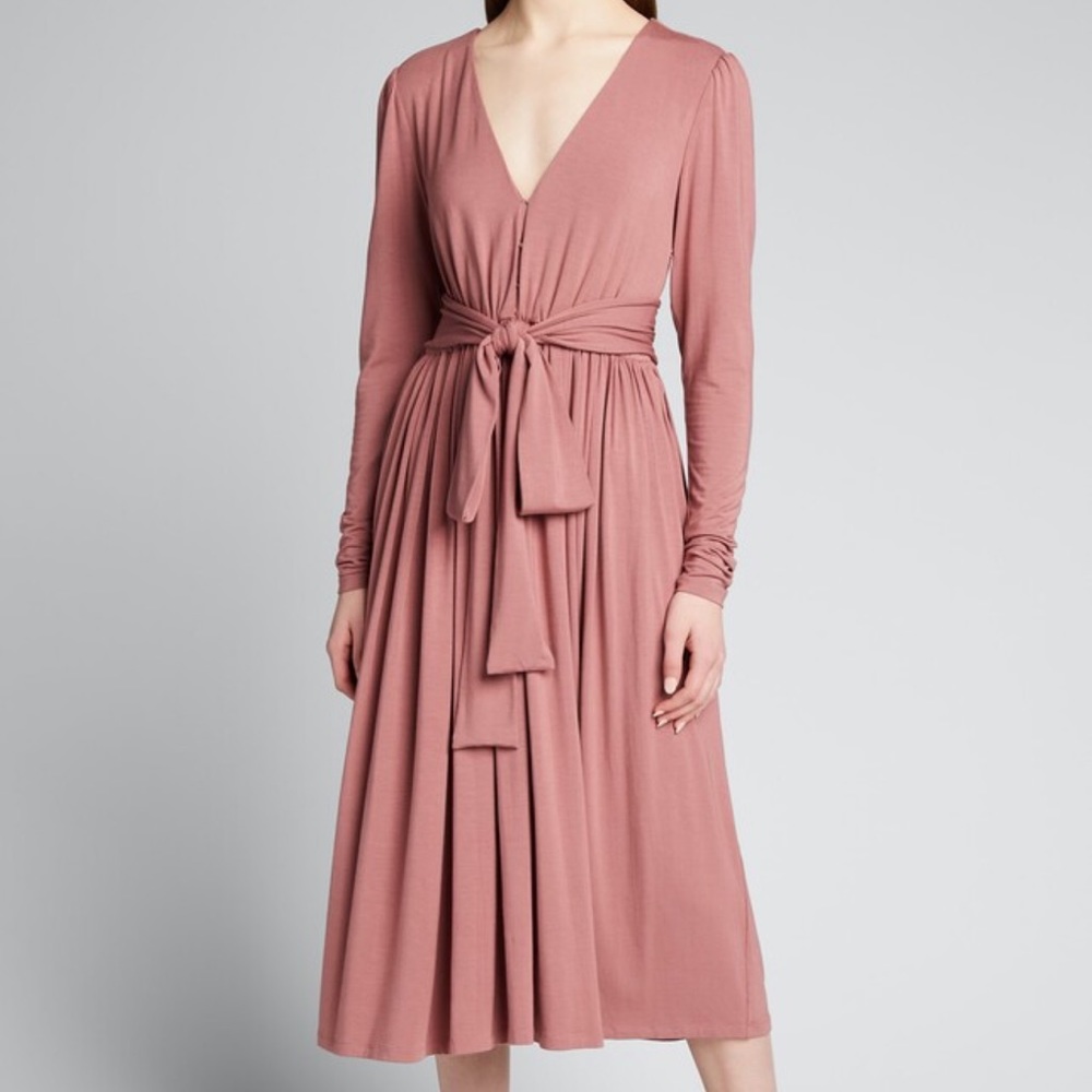 NWT Rebecca Taylor Rose Pink V-Neck Belted Stretch Modal Long Sleeve Midi Dress